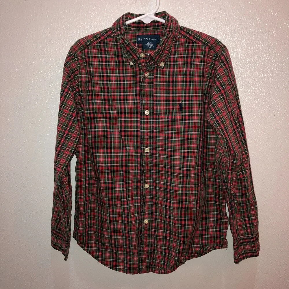 Ralph Lauren Boys Size 7 Red Green Plaid Button-Up Shirt Top Christmas Holiday